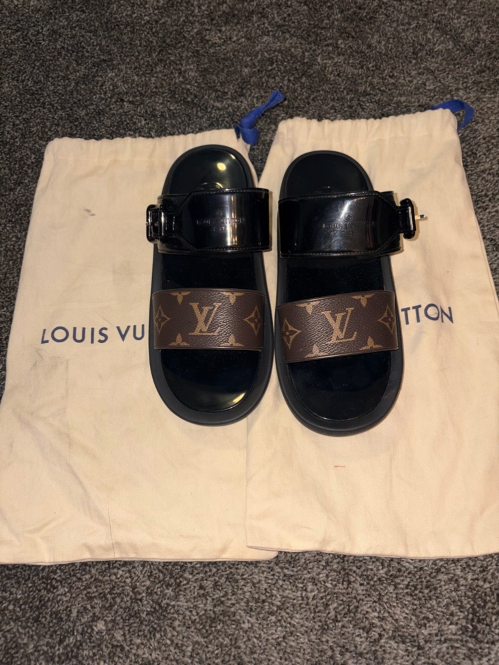Louis Vuitton Black and Brown Monogram Buckle Slide Sandals